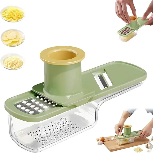 New Garlic Slicer Super Thin, Mini Multi-Functional Mandoline Slicer and Veggie Ginger Grinder with Container for Camping and Home Chef Use