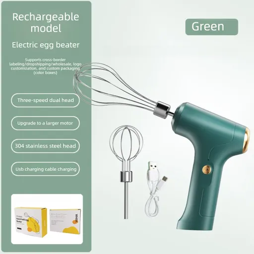 Cordless Electric Hand Mixer - Rechargeable 3-Speed Egg Beater & Cream Whisk - Lightweight Self-Standing Design for Baking, Cake & Batter (Emerald Green)
