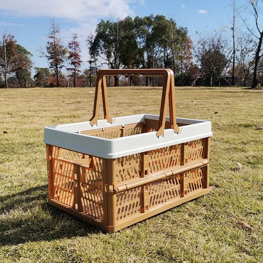 Large Collapsible Storage Basket with Handles - Portable Folding Crate for Shopping, Picnics & Car Trunk(Brown )
