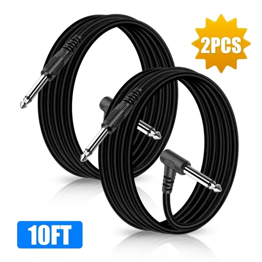 Guitar Cable [2Pcs], 10ft Guitar Instrument Cable for Guitar/ Bass/ Electric Guitar/ Electric Mandolin, 1/4" Right Angle to Straight, 6.35mm Plug Guitar Cord, Black