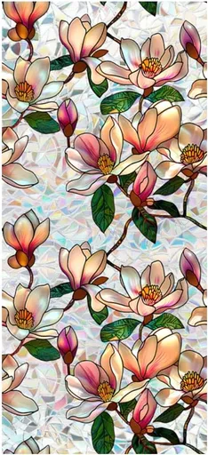 Retro Magnolia Flowers Window Privacy Film,Stained Glass Decals Colorful Floral Privacy Rainbow Decals Living Room Sun Blocking Decor Removable Static Cling Stickers,16.93x39.37inch