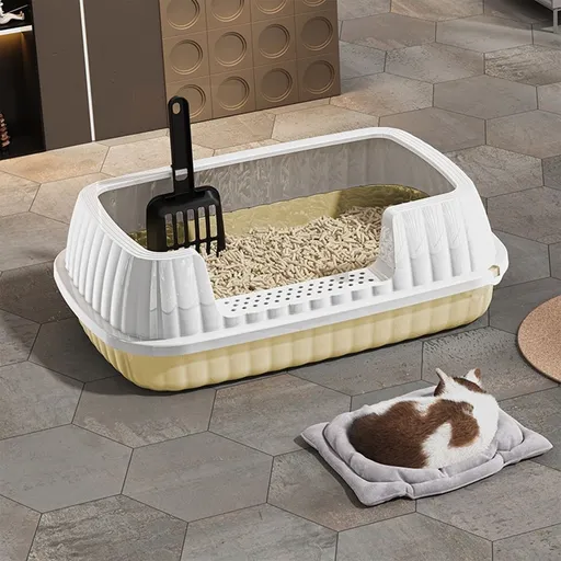 Open Cat Bedpan with Spoon,Shallow Splash Proof Travel Litter Box with Sand Drop Pedal High Side Low Entrance Cat Toilet Semi-Enclosed Adjustable for Kittens Elderly Cats Disabled Cats