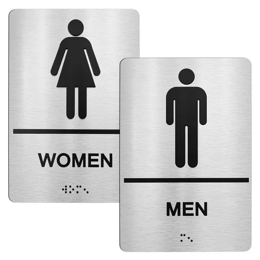 2-Pack Aluminum Restroom Sign – Tool-Free, Damage-Free Installation, Accessible Design, Silver, 9" x 6