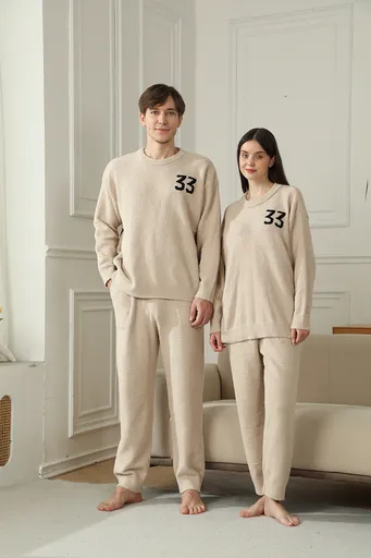 Khaki Men's Warm & Cozy Semi-Flannel Couple's Pajamas — Knitted Digital Pattern, Soft Fleece Fabric, Pullover Style: The Ideal Choice for Loungewear in Autumn and Winter