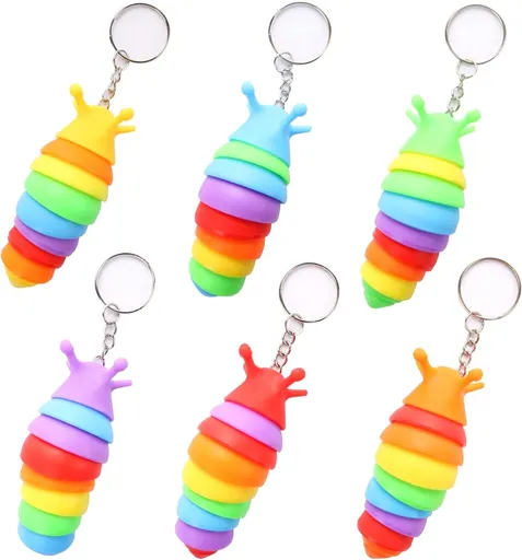 6 PCS Mini Fidget Slug Key-chain Toys,3D Articulated Stretch Caterpillar Sensory Stress Relief Flexible Hand Toy, Ideal Party Favor Colorful Office Desk Pet Toys(Random Color)