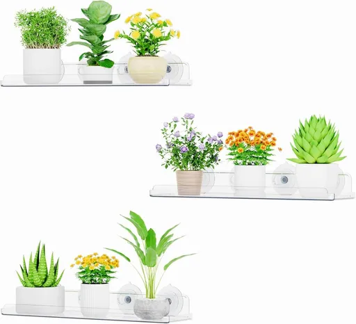 Window Plant Shelves 14.6", 2 Pack Acrylic Suction Cup Holder | No-Drill Window Sill Extender for Indoor & Outdoor Micro Greens, Clear Floating Shelf for Bathroom Mirror, or Kitchen Wall - Clear - Size 3 Pack