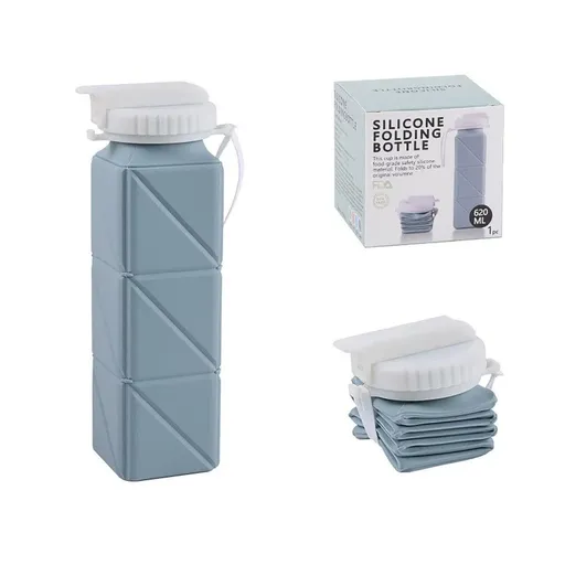 620ml Silicone Folding Water Bottle Food Grade Outdoor Sports Kettle High Temp - Blue