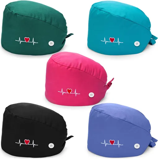 5 Pieces Bouffant Cap with Buttons Unisex Sweatband Adjustable Tie Back Hat