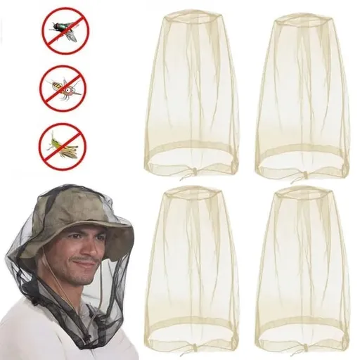 4 pcs Mosquito Net for Hat, Waterproof Adjustable Ultra-fine with Storage Bag, for Fishing Hiking Camping, Beige