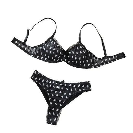 House Of Dasein Sexy Mesh Heart Print Bra Set Ultra Thin Comfortable Tempting Lingerie Two Piece - Black Heart - Xl