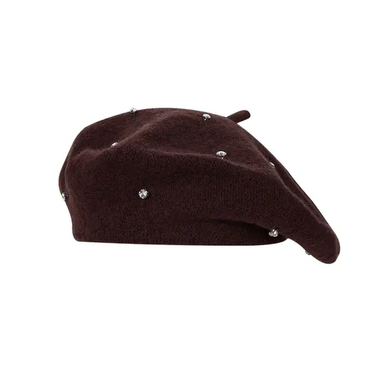 Women's Wool Blend Beret Hat - Brown French Style Painter Cap with Scattered Rhinestone Details, Soft Knit Vintage Fashion Headwear