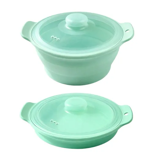 Foldable Food-Grade Silicone Steamer Pot with Lid and Steamer Rack – Space-Saving Collapsible Cookware for Microwave, Freezer, Camping, and Outdoor Meals, Effortless Storage and Versatile Kitchen Companion (Round Style, Green)