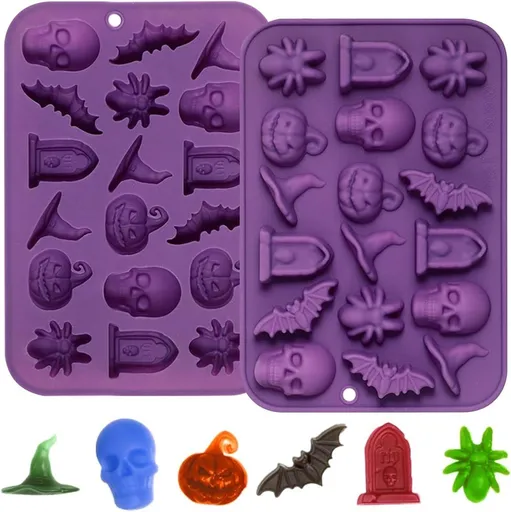 Halloween Silicone Chocolate Molds, 2 Pcs Skull Pumpkin Bat Spider Candy Baking Molds for Chocolate Candy Biscuit Making, Purple