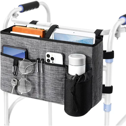 Multi Pockets Folding Walker Basket Tote Bag with Cup Holder, Hand-free Carry Pouch Storage Bag for Universal Walkers, Large Capacity Organizer for Seniors Elderly, Gray
