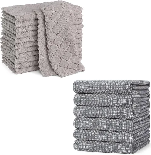 Homaxy 12 Pack Kitchen Dish Cloths (10 x 10 Inches, Grey) and Large Cotton Kitchen Hand Towels(18”x 28”, 6 Pack), Flat and Terry Dish Towels