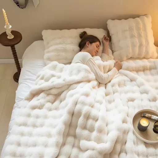 2-Pack White Luxury Tuscany Fleece Rabbit Fur Bubble Blanket (45 x 45 CM) - Double-Sided Thickened Soft Plush Bedding & Cushion Cover