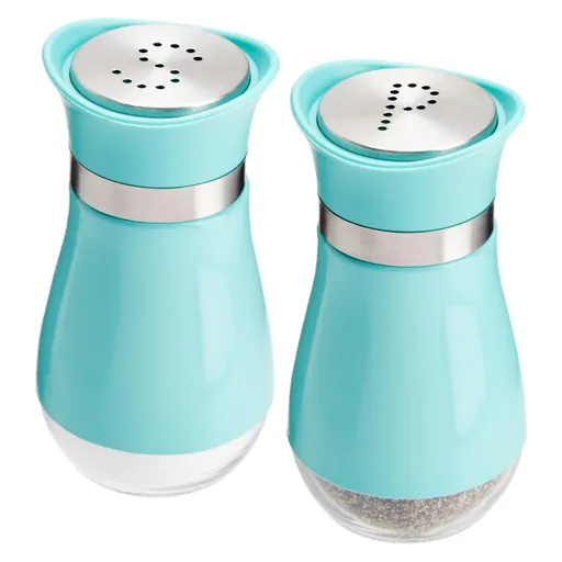 2 pcs Stainless Steel Turquoise Salt and Pepper Shakers with Transparent Glass Bottoms and Perforated Screw-Off Caps (4oz)
