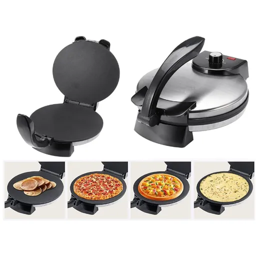 Versatile Electric Crepe Maker and Pancake Machine with Non-Stick Heating Plates, Stainless Steel Body, and Adjustable Temperature Control for Home Kitchen Cooking of Pizzas, Tortillas, and More (Silver)