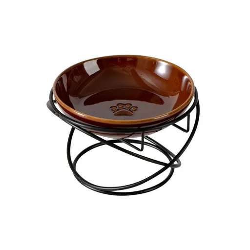 Raised Ceramic Pet Bowl with Metal Stand Brown - Paw Print Cat and Dog Feeding Bowl, Removable Easy-Clean Dish with Elevated Design for Food and Water