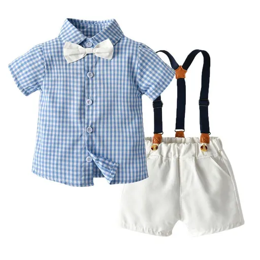 Tem Doger Boy Plaid Shirt Shorts Set Dark Blue 80cm