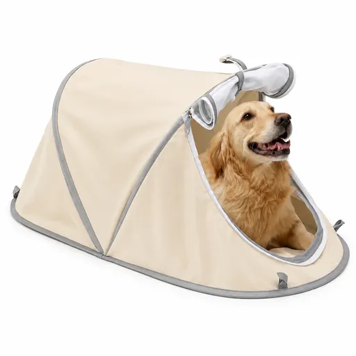 Foldable Portable Pet Tent – Breathable Oxford Fabric Puppy & Kitten House for Indoor Rest and Outdoor Camping, Equipped with Mesh Door and Ground Stakes for Picnic and Travel (Beige)