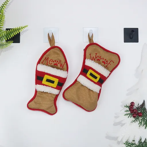 Christmas Stocking Ornaments, Fish & Bone Shaped Xmas Gift Sacks, Meow Woof Embroidery Mini Christmas Stockings, White/Burlap 2 Sets Available（Khaki）