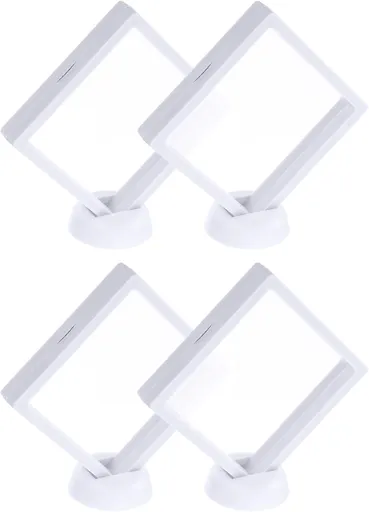 4 Pcs 3D Floating Display Case, 4.33 x 4.33 Inch Floating Frame Display Holder Stand, Transparent PE Jewelry Storage Box, White