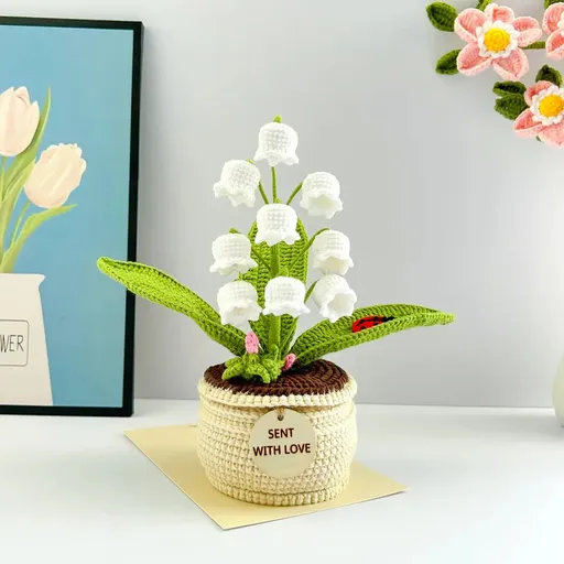 White Handmade Crochet Lily of the Valley Potted Plant - Gradient Blue Flower Decor Gift