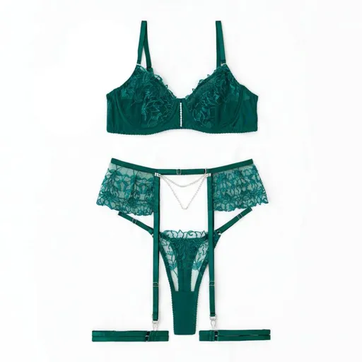 House Of Dasein Sexy Separated Lace Embroidery Sheer Mesh With Leg Ring Erotic Underwear Five Piece Set - Green - S