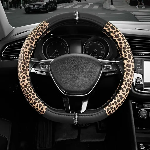 Leopard Steering Wheel Cover for Women, Cute Anti-Slip Microfiber Leather, Fits D Shape Flat Bottom Steering Wheel 14.5-15 Inch - Black