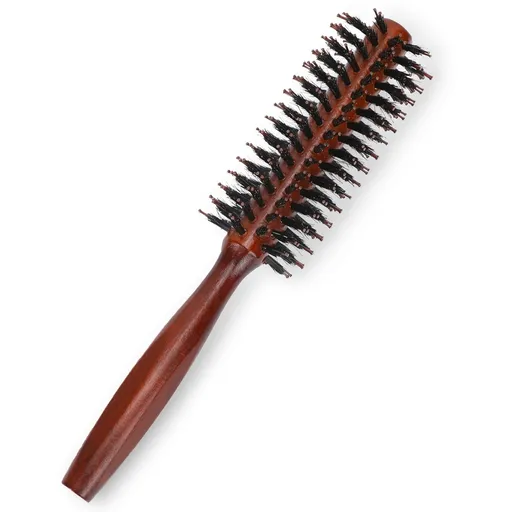 Small Round Hair Brush, Boar Bristle Vent Hair Brush Portable Hair Brush with Wood Handle Mini Rolling Circular Hairbrush for Blow
