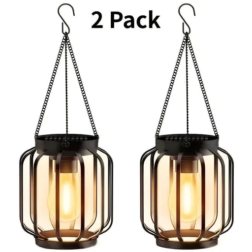 solar outdoor hanging lanterns, metal lanterns for garden, outdoor lighting decor, warm light lanterns, solar-powered lanterns, Australian outdoor lighting, patio solar lights, garden lanterns, eco-friendly outdoor lights - Black - Size 2PCS