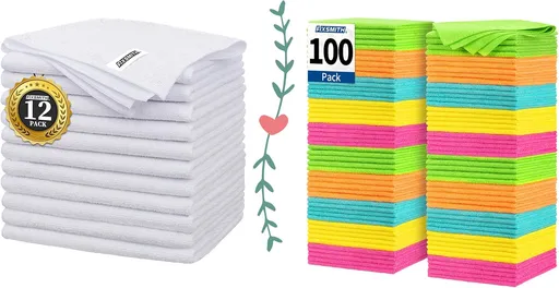 White Microfiber Cleaning Cloth -Pack of 12 Microfiber Cleaning Cloth Bulk, 100 Pack Shop Towels, Lint-Free Car Wash Towels
