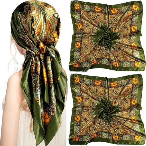 35 Inch Silky Head Scarf 2 Pcs Large Square Neck Scarf Sleeping Hair Wrapping Satin Bandana for Women