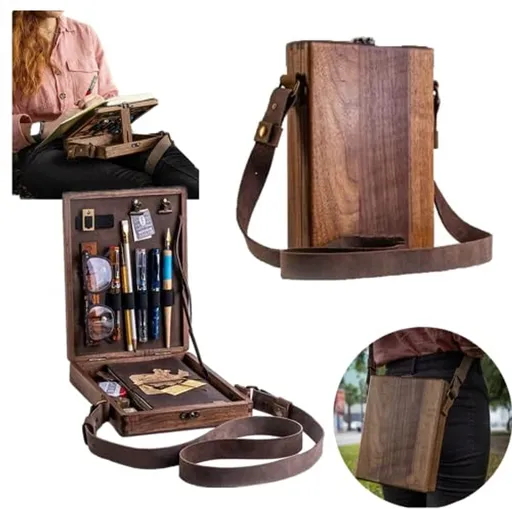 Multifunctional Wooden Shoulder Bag - Vintage Design for Artists & Writers - Artist Tool Set - Brush, Tool Storage Box - Sketch Box - Easel - with Storage Pockets and Adjustable Strap - 25x19x6 cm