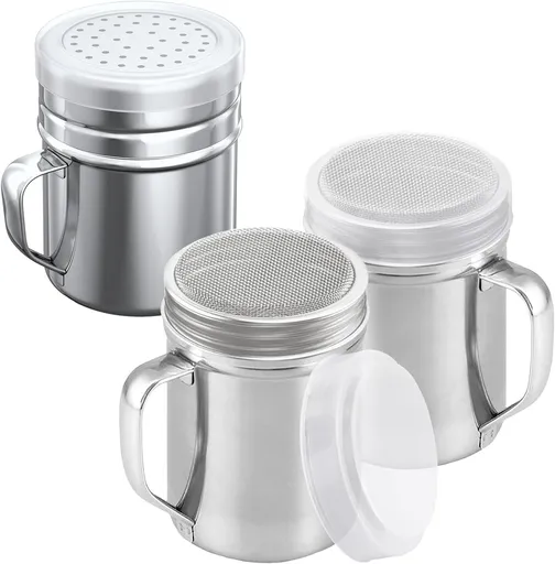 [2-pcs] 10oz Powdered Sugar Shakers (ine Mesh) + [1-pcs] 10oz Stainless Steel Salt Pepper Dredge Shaker - with Plastic Caps & Handles Bundle