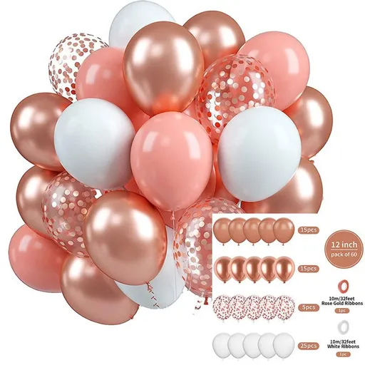 60-Piece 12-Inch Assorted Latex Balloon Set, Heavy-Duty Latex Balloons + Glitter Balloons + Ribbons, Birthday Party & Wedding Decorations, Multi-Color Combinations, Suitable for Various Party Themes - Rose Pink + Pink + White + Glitter