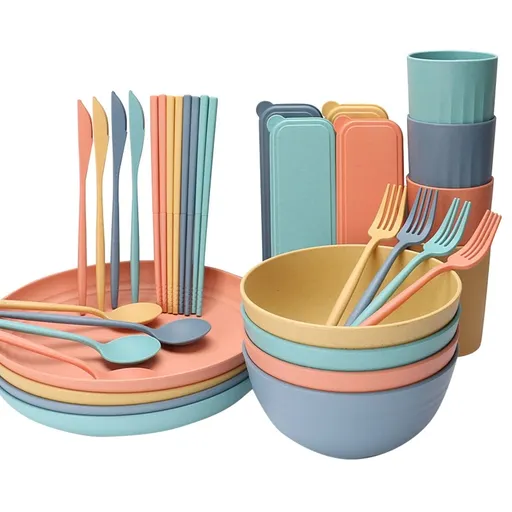 Wheat Straw Dinnerware Sets For 4, Camping Plates Cups And Bowls Set, Dishwasher Microwave Safe Dishes, Wheat Straw Plates And Bowls Sets
