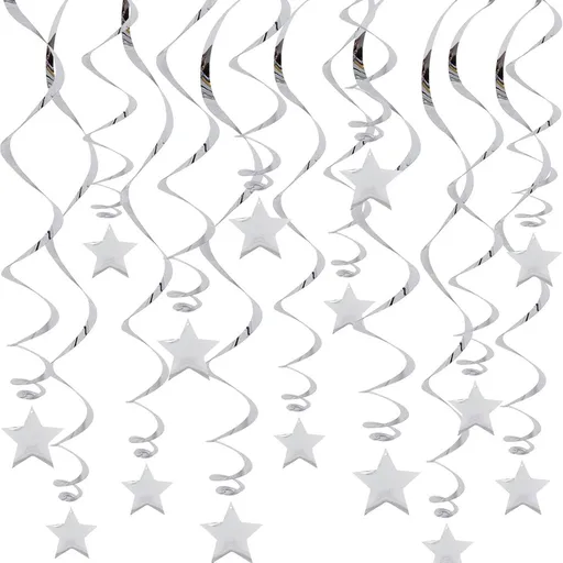 30-Piece Set for Silvery Star Spiral Hanging Decorations - Birthday, Wedding, Graduation, and Party Ceiling Decoration - Festive Swirl Streamers, Easy Hang Party Supplies
