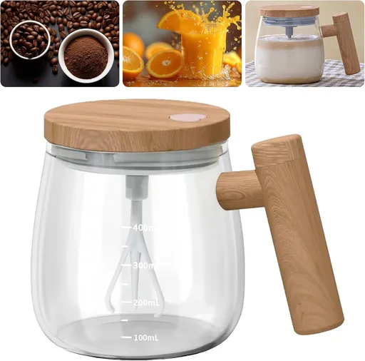 Self-Stirring Glass Coffee Mug with Magnetic Mixer, Electric Drink Mixing Cup with Wooden Handle for Coffee and Milk, Brown