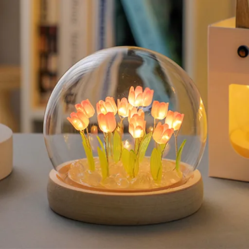 (Thirteen Pink Tulips) Glowing Tulip Dome Lamp - Wooden Base, Bedside Table Decoration