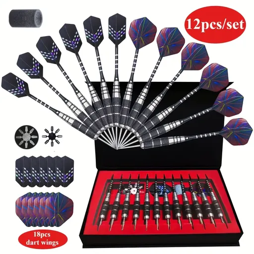 12-Piece Steel Tip Dart Set with Sharpener, Aluminum Shafts, PET Glitter Flights, Stainless Iron Non-Slip Barrels, Gift Box