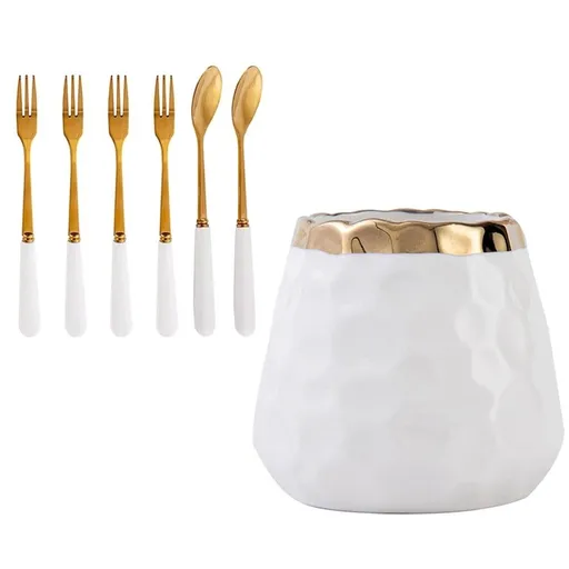 Ceramic Stainless Steel Fruit Forks Storage Jar Kitchen Cutlery White
