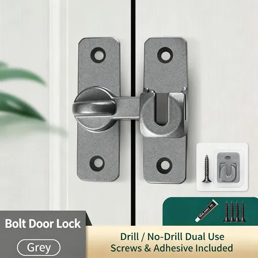 Gray 90°/180° Universal Door Latch Bolt with Screws & No-Drill Adhesive | Christmas Easy-Install Security Gift | No-Punch Matte Door Bolt Latch Buckle Anti-Theft