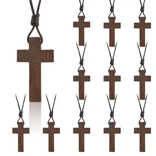 Natural Wooden Cross Necklace for Men&Woman, Crucifix Necklace Men&Woman, Bulk Wooden Small Crosses Gifts for Bible Verse Easter Party Favor, Cross for Car Mirror Hanging Pendant, 1.6In X 1In(12pcs)