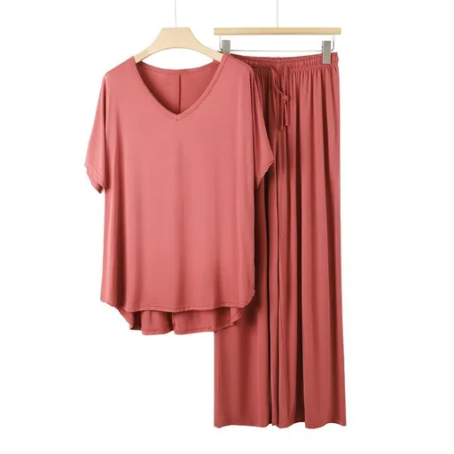 Red Women's Modal Lounge Set Pink V Neck Short Sleeve Top and Wide Leg Pants, Lightweight Breathable Summer Sleepwear, Relaxed Homewear for 45-72.5 kg
