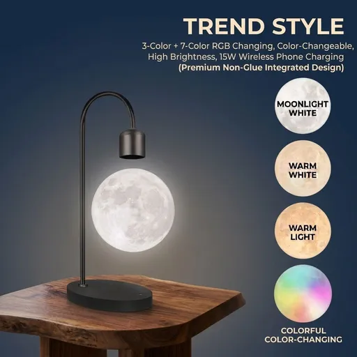 Maglev Floating Moon Lamp with 15W Wireless Charger, 3D Printed Sphere, 3 Color Temperatures & 7-Color RGB Gradient, Metal Stand, Ideal Bedside Decor, Desk Light, and Gift Choice (Black, Trend Style,3‑Color + 7‑Color RGB Changing,Color‑Changeable,Hig