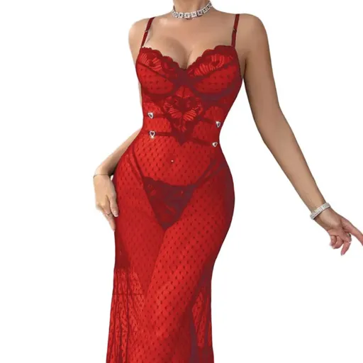 House Of Dasein Sexy And Alluring Lace Sheer Fitted Lingerie With Butt-Lifting Bodysuit Two-Piece Set - Red - Xl
