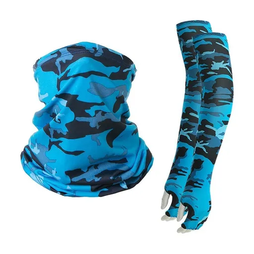 Fashion Camo Print All‑Round Sun Block Kit, Integrated Sleeves Gloves Neck Gaiter, UV Shield For Motorcycle Riding, Holiday Motorbike Rider Supply, One Size, Royal Blue Camo Mask, 2 Pcs