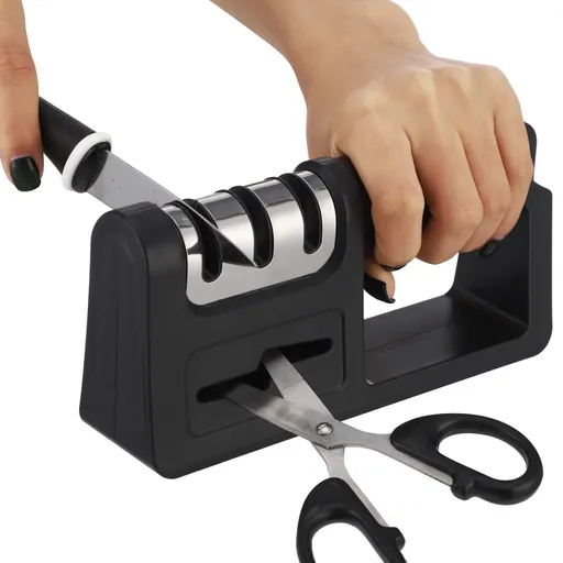 4-in-1 Kitchen Cutter Sharpener, 3-stage Cutter Sharpening Tool with Scissors Slot, Compact Handheld Edge Sharpening Accessory for Home Kitchen Use